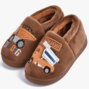 ❤️EXTRA 50% OFF❗️Boys Digger Dump Truck Brown Plush Slippers